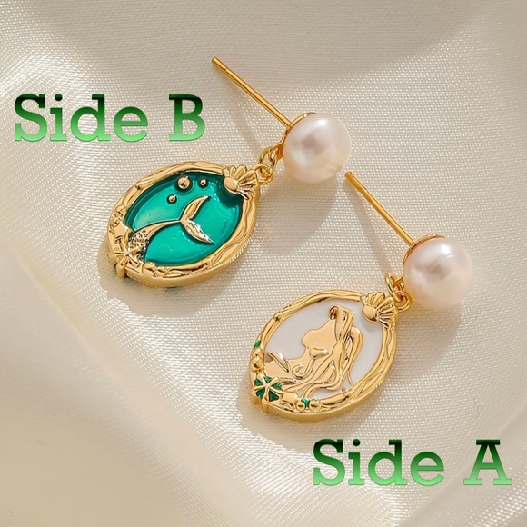“Mermaid Profile & Tail” Pearl Cameo Silhouette Bubble Starfish Two-Way Earrings - Picture 2 of 10